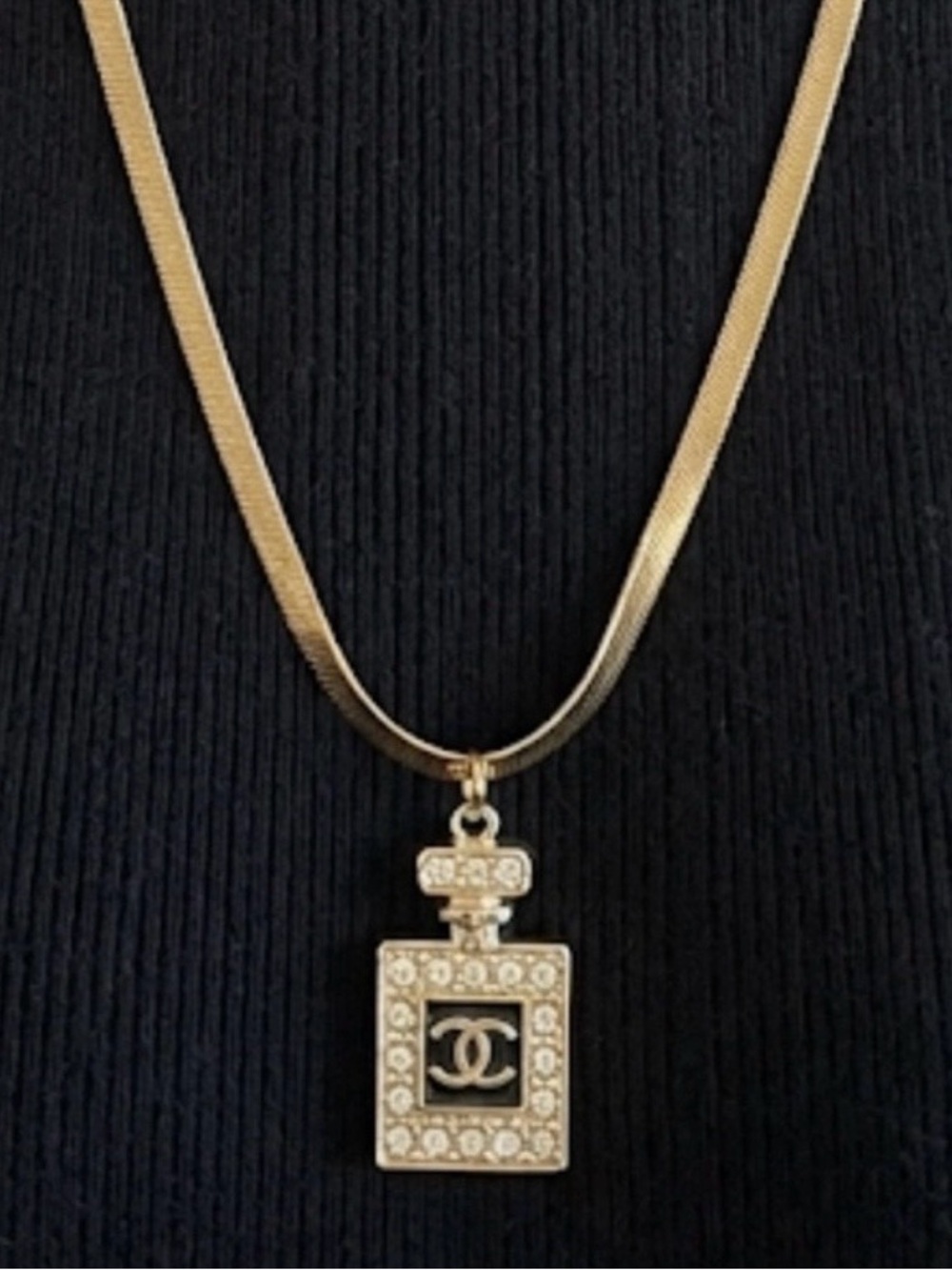 Chanel Perfume Bottle pull, stamped,
On 22” stainless tarnish resistant chain.